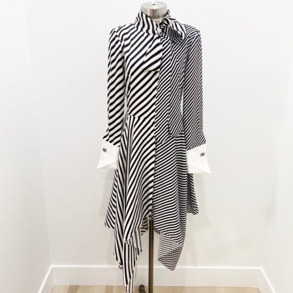 MONSE Asymmetric Striped Silk Twill Bow Tie Midi Dress In White Black Size 2 - Picture 6 of 14